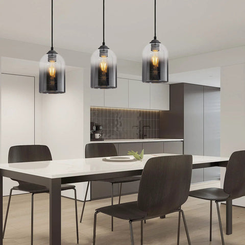 Dope Black Glass Pendant Lights 3 Pack Farmhouse Modern Hanging Island Light with adjustable cords in dining room.