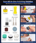 Versatile 482 PC 1 Inch Sanding Disc And Drum Set For Dremel, showing components, screw-on steps, and tool attachment.