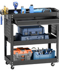 Rolling Tool Cart With Drawers And Pegboard, Heavy Duty Utility Cart On Wheels For Garage And Warehouse, Industrial Mechanic Cart With Three Tier Tool Storage, Tough Steel Build, Black Finish with drawer and tools