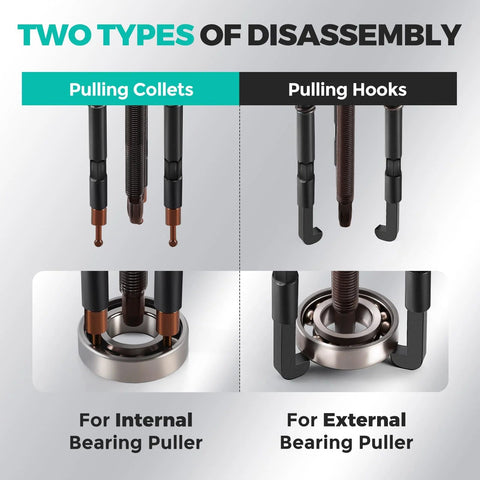 Bonvoisin Bearing Puller Set; 33-in-1 kit with curved hooks and 6 collets for internal and external bearing removal.
