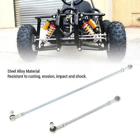 Steel alloy go kart tie rods next to a parked go kart, showcasing the Beefy Go Kart Tie Rods Steel Alloy For Precision Steering.