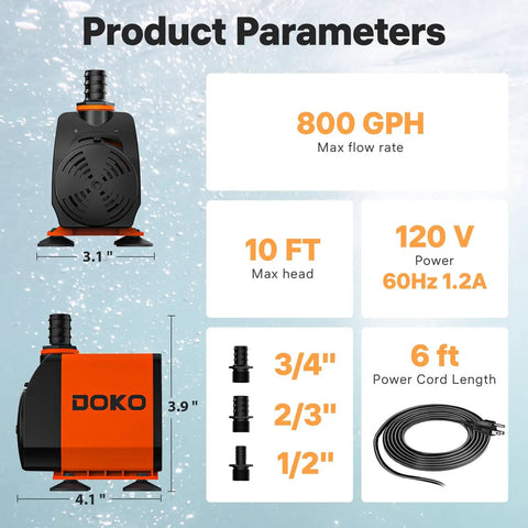 Diagram showing 800GPH Submersible Water Pump For Ponds And Fountains Ultra Quiet 60W Pump dimensions and features