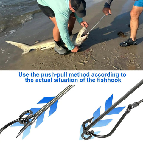 Stainless Steel Hook Remover And Dehooker Tool For Saltwater Fishin 17 Inch Push Pull Dehooker With Anti Lost Design Shark Hook Remover in use