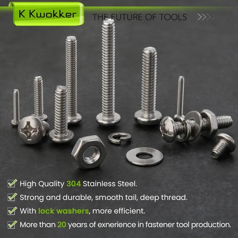 Hella Durable 1059 Piece Stainless Steel Screw And Nut Assortment Kit With Phillips Pan Head Machine Fasteners Flat And Lock Washers 304 Grade Hardware Tray shown with assorted screws and nuts.
