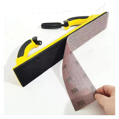 Hot 70X420mm Rectangular Dry Sanding Mesh Paper With Back Flocking For Car Putty Board Smoothing in use with holder.