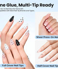 Close-up of hands with polka dot full cover, sheer press-on, and half cover nail tips using 9 In 1 HEMA Free TPO Free Nail Glue Gel For Acrylic Tips And Clear Press On Nails Ultra Strong UV Nail Glue For Extensions DIY Long Lasting Nail Gel Kit Perfect Gift For Women