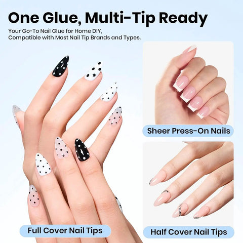 Close-up of hands with polka dot full cover, sheer press-on, and half cover nail tips using 9 In 1 HEMA Free TPO Free Nail Glue Gel For Acrylic Tips And Clear Press On Nails Ultra Strong UV Nail Glue For Extensions DIY Long Lasting Nail Gel Kit Perfect Gift For Women