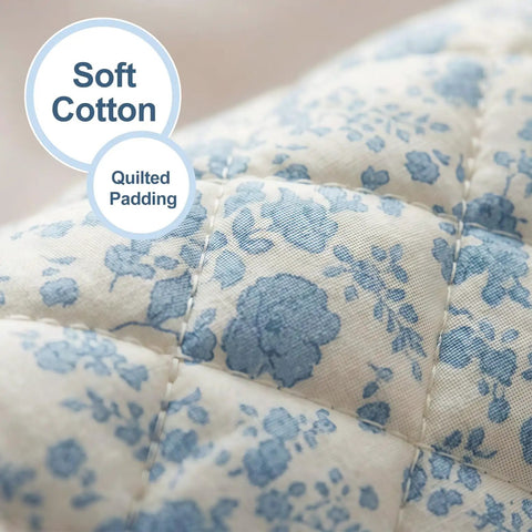 Close-up of quilted blue floral pattern on soft cotton fabric, emphasizing padded design of Quilted Hair Tools Travel Bag With Hanging Hook.