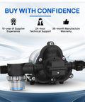 Road Ready Industrial Grade Diaphragm Water Pump With A Smooth One Hundred Fifteen Volt Motor Pushing 3.3 GPM And Forty Five PSI showing side view with clear filter.
