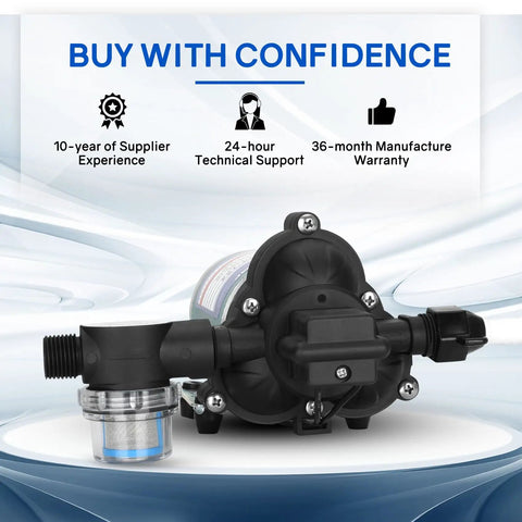 Road Ready Industrial Grade Diaphragm Water Pump With A Smooth One Hundred Fifteen Volt Motor Pushing 3.3 GPM And Forty Five PSI showing side view with clear filter.