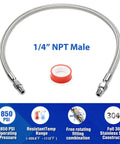 Beefy 20 Inch Air Compressor Jumper Hose With Quarter Inch Swivel End And Quick Snap Adapter For No Leak High Pressure Pneumatic Gear Up To 870 Psi Rating, featuring stainless steel, 850 PSI and 1/4" NPT Male fittings.