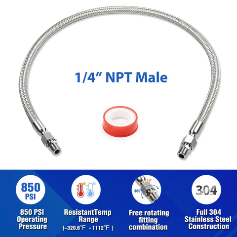 Beefy 20 Inch Air Compressor Jumper Hose With Quarter Inch Swivel End And Quick Snap Adapter For No Leak High Pressure Pneumatic Gear Up To 870 Psi Rating, featuring stainless steel, 850 PSI and 1/4" NPT Male fittings.