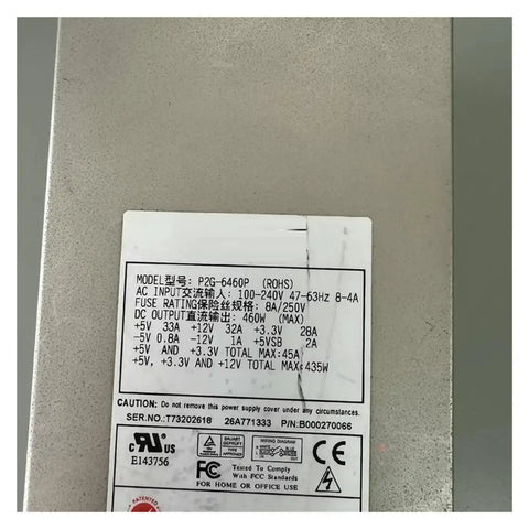 Beefy 460W 2U Industrial Rack Server Power Supply For Control Systems With Quiet Cooling Wide Input Range High Reliability Safe Operation And Durable Construction label close-up