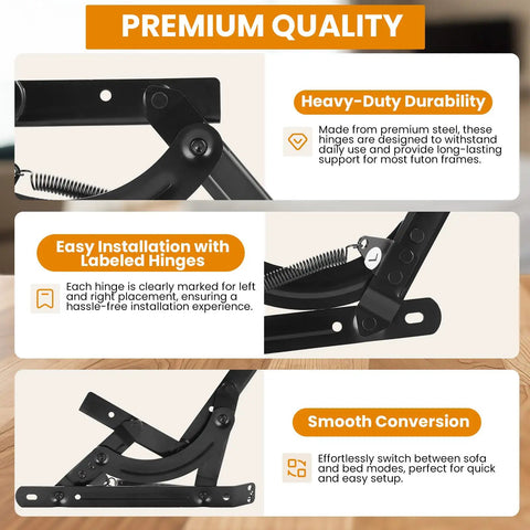 Adjustable Futon Hinges With Spring Mechanism Replacement showing premium steel construction and labeled installation features.