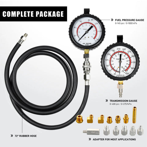 PESIKO professional oil pressure gauge kit with 72in hose, dual gauges for engine and transmission, 13 adapters, case.