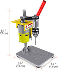 Compact Benchtop Mini Drill Press With Adjustable Speed And A Boss 795 DC Motor B10 Chuck Built For Metal Wood Jewelry And DIY Crafts Portable Lightweight Yellow, front view showcasing dimensions and yellow frame.