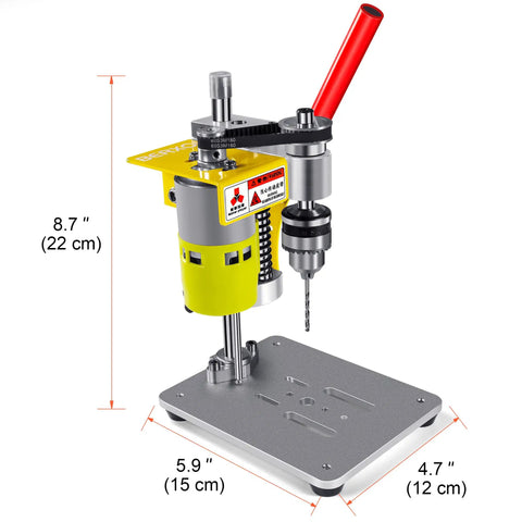 Compact Benchtop Mini Drill Press With Adjustable Speed And A Boss 795 DC Motor B10 Chuck Built For Metal Wood Jewelry And DIY Crafts Portable Lightweight Yellow, front view showcasing dimensions and yellow frame.