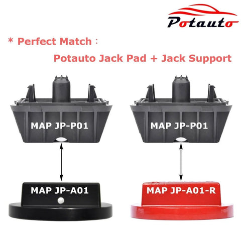 Comparison of black MAP JP-A01 jack pad puck adapter with red MAP JP-A01-R version, showing compatibility with MAP JP-P01 jack support.