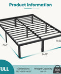 Full Size Metal Platform Bed Frame With Underbed Storage showing dimensions 75.2"x54.13"x14.02", 800 lb capacity.