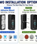 Two installation options for No Sweat Anti Theft Security Cage for Modern Battery Doorbells, adhesive and screw mounts shown.