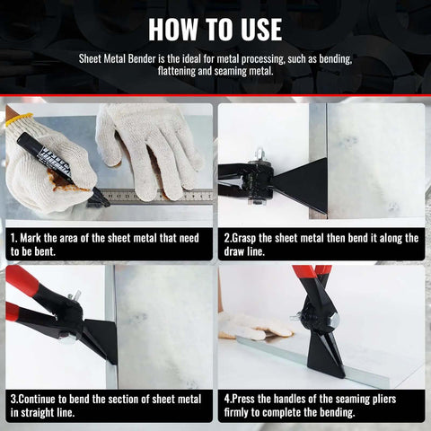 Instructional guide for 3 In 1 Sheet Metal Bender Pliers With Adjustable Jaw For Bending Flattening And Seaming Metal