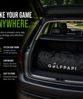 Mobile Golf Simulator Net 10ft With Steel Frame And Impact Screen in a compact carry bag in car trunk for effortless transport