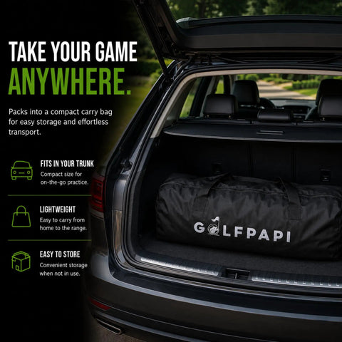 Mobile Golf Simulator Net 10ft With Steel Frame And Impact Screen in a compact carry bag in car trunk for effortless transport