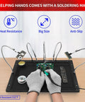 Pro Grade Third Hand Soldering Station With Five Flexible Arms And Large 15.7 X 11.2 Inch Base in use, soldering PCB