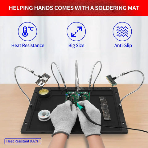 Pro Grade Third Hand Soldering Station With Five Flexible Arms And Large 15.7 X 11.2 Inch Base in use, soldering PCB