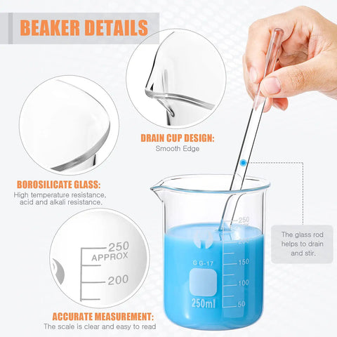 Thick Borosilicate Glass Beaker And Graduated Cylinder Kit With Stirring Rod showing 250ml beaker and stirring rod in action