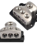 Beefy 3 Way Car Amplifier Power Distribution Block With 0 Gauge In And 3X 4 Gauge Out Nickel Plated Internals Ground Distributor For Auto Audio System Heavy Duty 2 Pack, silver