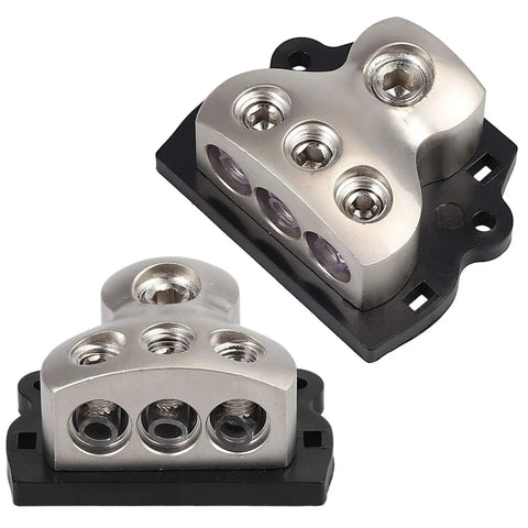 Beefy 3 Way Car Amplifier Power Distribution Block With 0 Gauge In And 3X 4 Gauge Out Nickel Plated Internals Ground Distributor For Auto Audio System Heavy Duty 2 Pack, silver