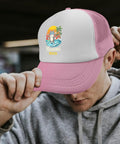Pink Lightweight Mens Beach Cap with adjustable buckle and 'Meowmi Beach' logo, distressed low profile baseball hat.