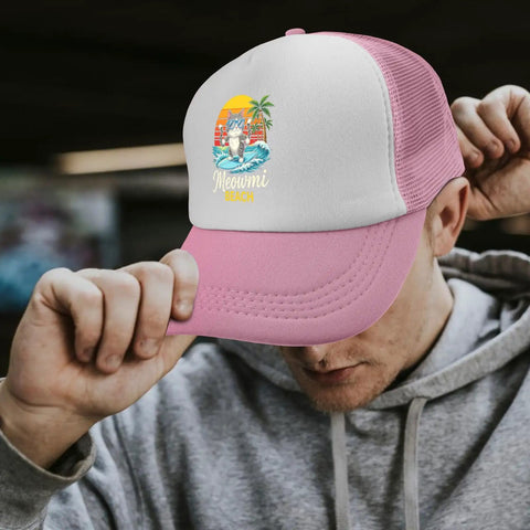 Pink Lightweight Mens Beach Cap with adjustable buckle and 'Meowmi Beach' logo, distressed low profile baseball hat.