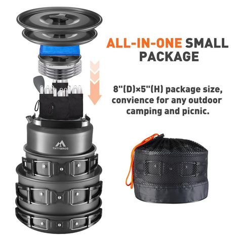 27 Piece Camping Cookware Kit For Two To Four People With Kettle Pots And Pans, compact cookware stack with storage bag