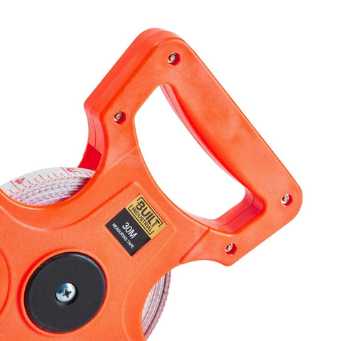 Close-up of Retractable Open Reel Tape Measure 30 Meter Long Jump Track And Field Tool Pro Grade Sports Measuring Tape handle.