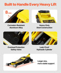 VEVOR 3 Ton low-profile racing floor jack in yellow/black with aluminum alloy and steel construction, dual pistons.