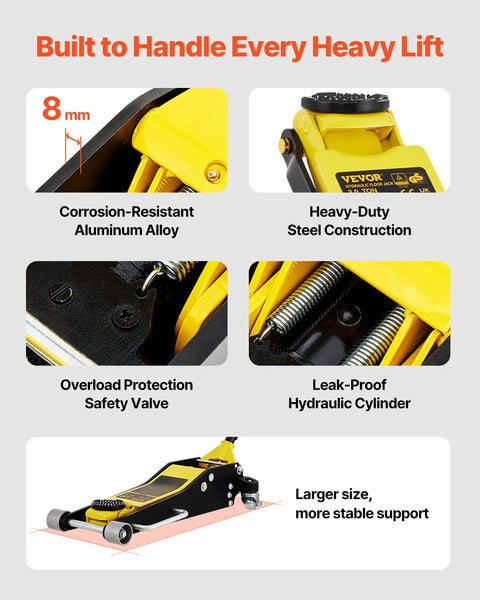 VEVOR 3 Ton low-profile racing floor jack in yellow/black with aluminum alloy and steel construction, dual pistons.