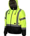 Hi Vis Bomber Jacket For Men With ANSI Class 3 Waterproof Safety, Reflective Strips, Detachable Hood, displayed front view