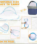 Image showing foldable pop-up mosquito net tent for camping, steps to fold, and compact storage in a backpack