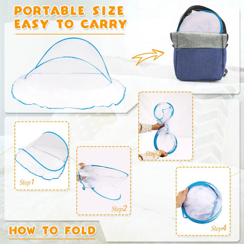 Image showing foldable pop-up mosquito net tent for camping, steps to fold, and compact storage in a backpack