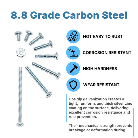 160 Piece Screw And Nut Kit For DIYers Eight Sizes From One Quarter To Two Inches Includes Zinc Plated Carbon Steel Phillips Pan Head Screws And Eighty Matching Hex Nuts For Cabinets Electrical And General Repairs. 8.8 grade carbon steel screws