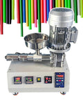Compact Desktop Filament Extruder Machine For 3D Printers With Single Screw Design And Slick Plastic Pressing Capability 1000w showing sleek metal design with colorful plastic rods overhead.