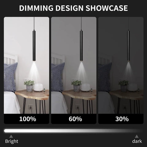 Sleek LED Pendant Lights 4000K Dimmable, 15.7 Inch, 10W Each, dimming showcase from bright to dark over a bedside table.