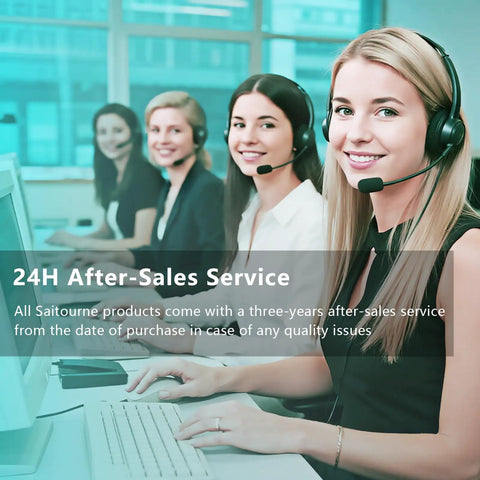 Call center team providing 24H after-sales service with headsets, description of Saitourne support policy displayed.