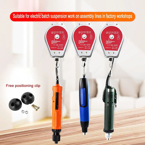 Heavy Duty Retractable Spring Balancer Tool Holder For Garage And Workshop with orange and blue tools, showing support capacity of 5kg.
