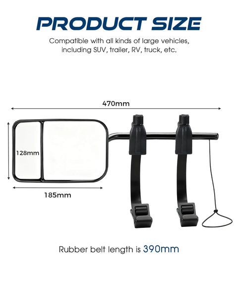 2 Pack Universal 360 Degree Adjustable Tow Mirrors for Trucks SUVs RVs and Trailers, size details shown, shatterproof glass extenders