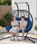 Two Seater Wicker Hanging Egg Chair With Stand 700 Lb Capacity Indoor Outdoor Double Swing Hammock Dark Blue