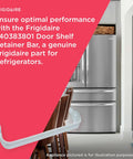 Door Shelf Retainer Bar for Refrigerators White Replacement Part 240383801 displayed with a silver fridge in the background.