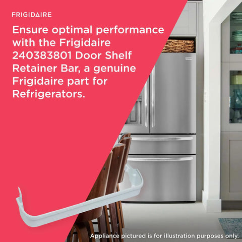 Door Shelf Retainer Bar for Refrigerators White Replacement Part 240383801 displayed with a silver fridge in the background.